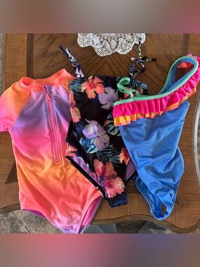 Girls' Colorful One-Piece Swimsuit Bundle - Pink, Black Floral, Blue